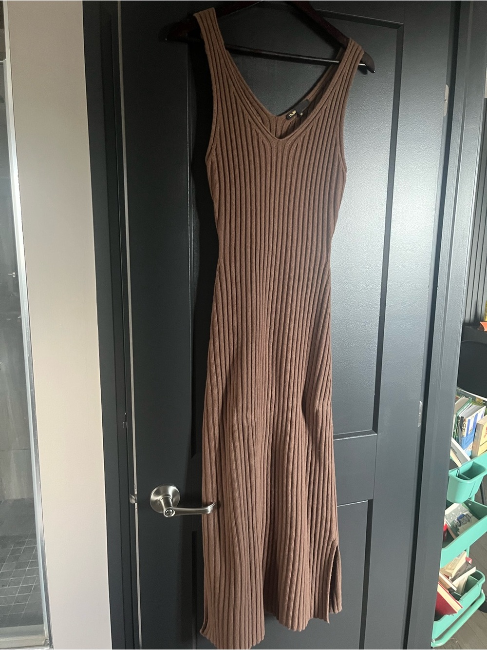 Maje Brown Ribbed V-Neck Maxi Dress